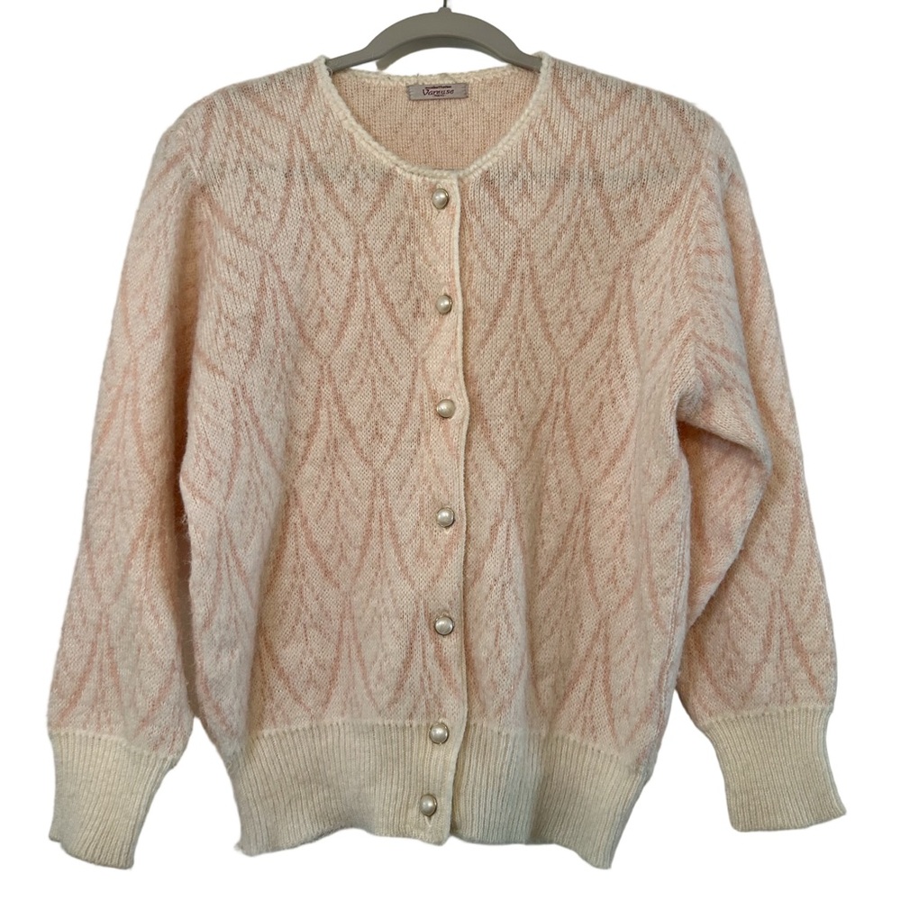 Vareuse Tokyo Angora Wool Blend Button Front Cardigan Sweater Ivory Pink Size M